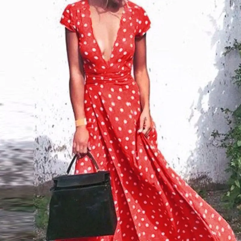 UGUEST Women Polka Dot Dress Sexy Deep V-Neck Boho Style Maxi Dresses Casual Beach Long Sleeve Dress With Lace Up