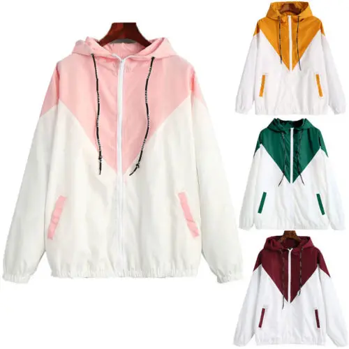 

Women Autumn Long Sleeve Hooded Splice Windbreaker Coats Ladies Casual Zipper Loose Jacket Outwear Top