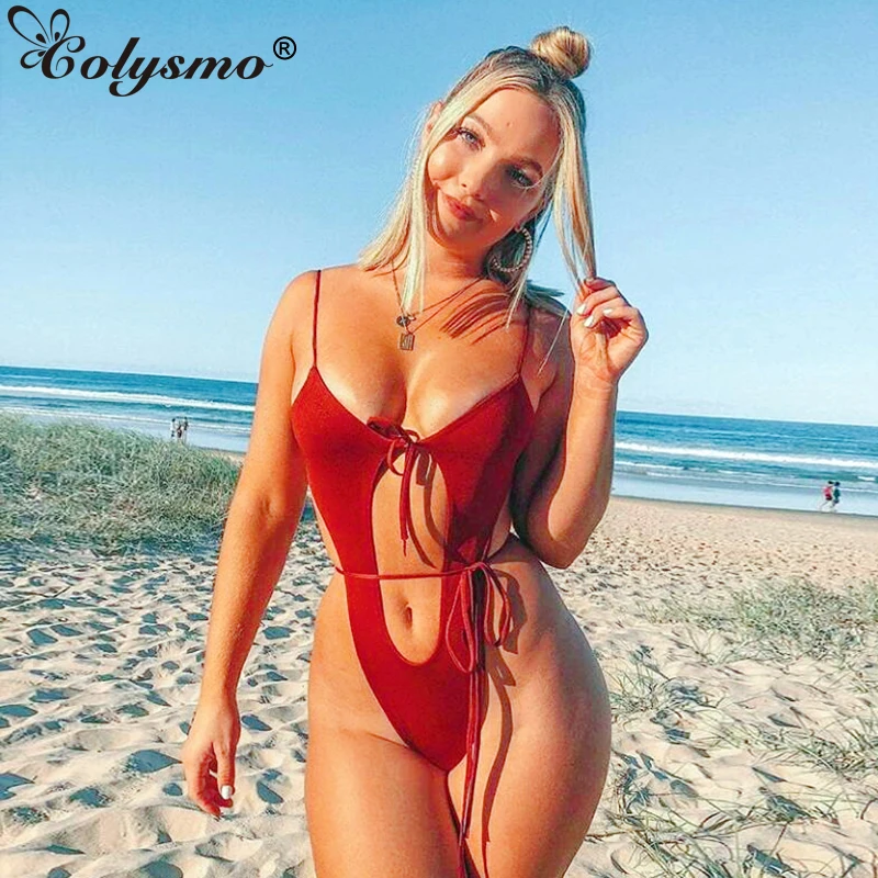 

Colysmo One Piece Swimsuit Women 2019 Summer Cut Out Push Up Padded Monokini Sexy Backless Lace Up Thong Bathing Suit Biquini