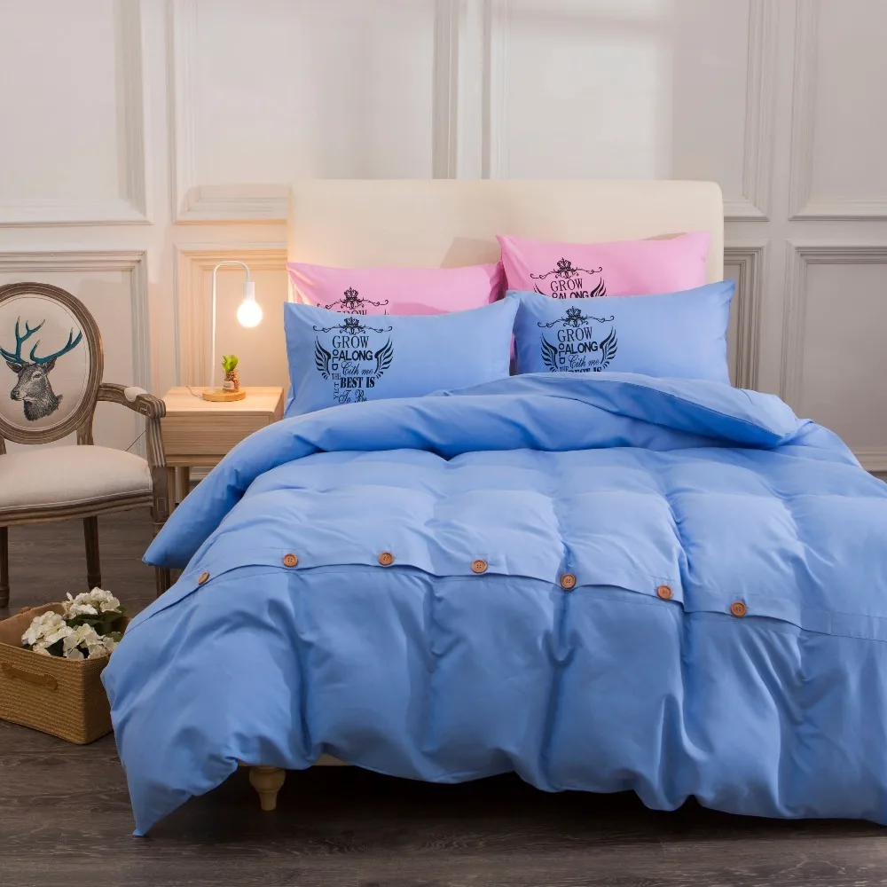 

JU Home Textile Solid Color Button Decoration Style 4pcs Bedding Sets Pillowcase Bed Linen Duvet Cover Set Queen Size 50