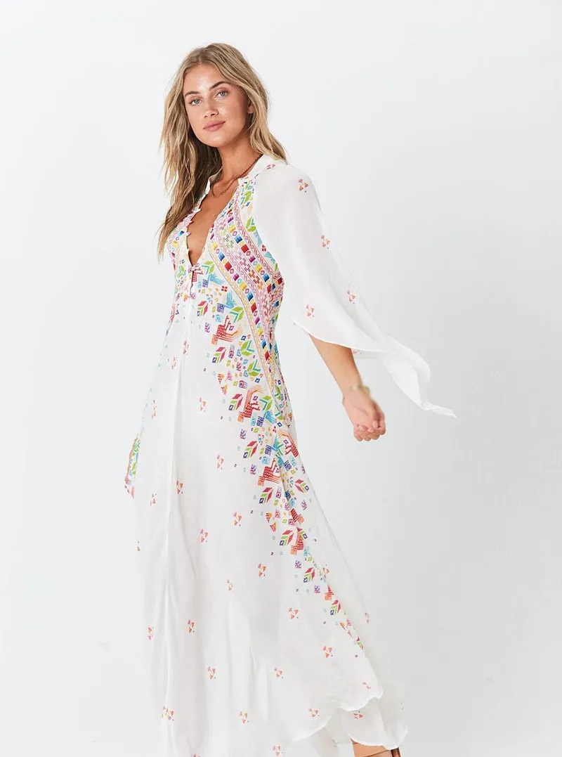

Summer Women Bohemian Dresses Print V-Neck Long Dresses Women Vestidos Long Flare Sleeve Beach Dress