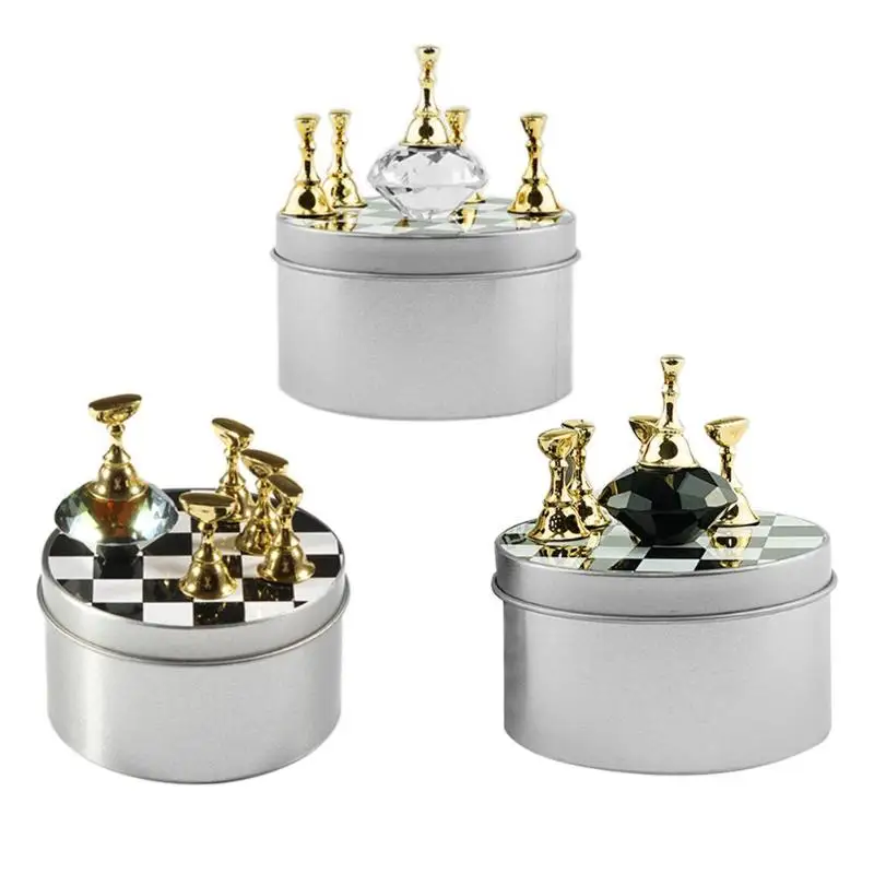 1 Set Nail Art Tips Practice Stand Crystal Rhinestone Fake Nail Tips Holder Chess Board Design 2
