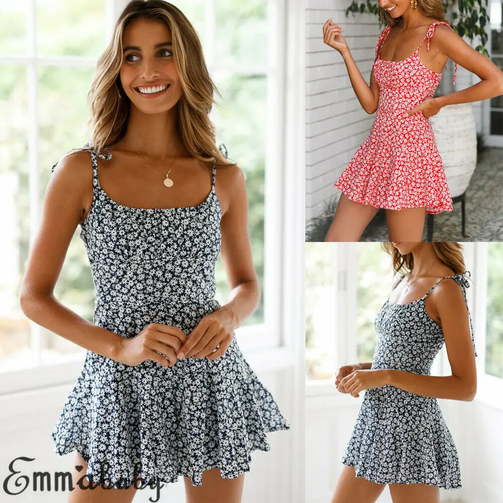 

Women's Ladies Vintage Boho Floral Skater Short Mini Dress Holiday Summer Casual Party Cocktail Sundress Blue Red