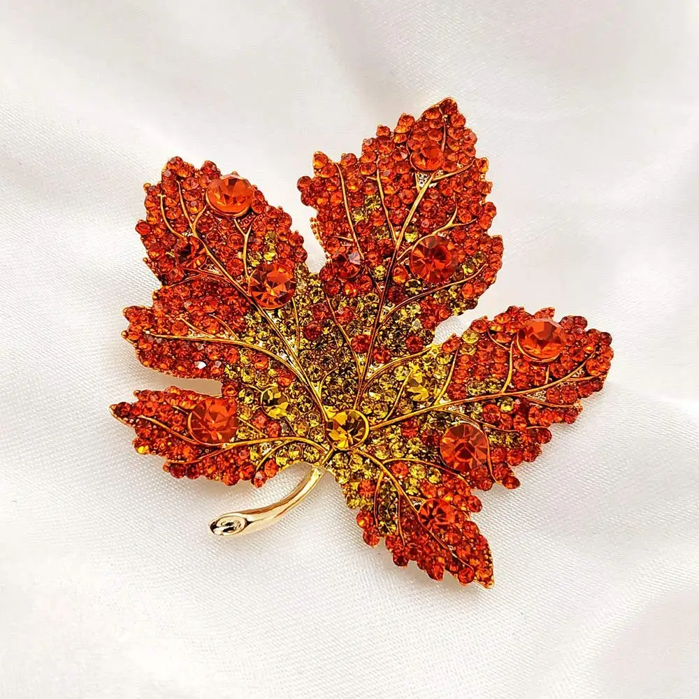 Skup Vintage stylowy pełny mikro Pave żółty pomarańczowy czerwony kryształ duża broszka z liści klonu złoty Tone klon kanadyjski liść Pin jesień biżuteria