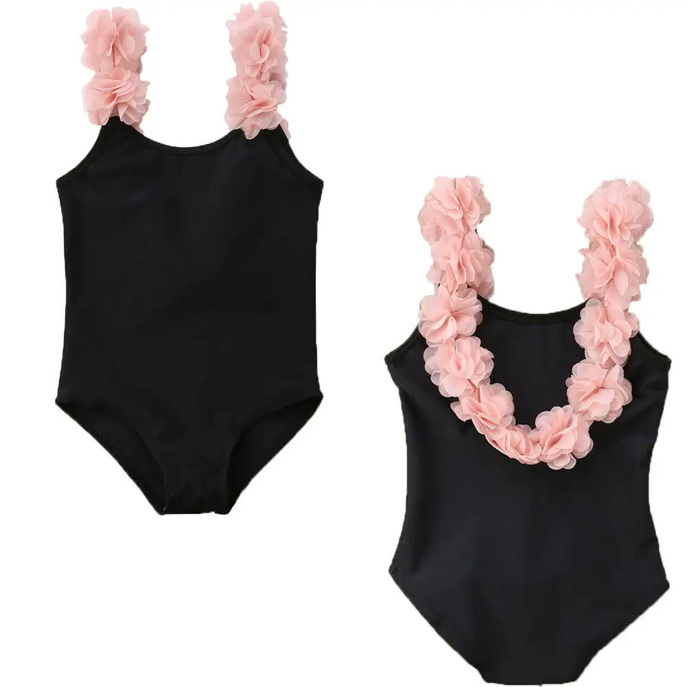 One Piece Baby Girl 3D Floral Flower Strap Bathing Suit Backless