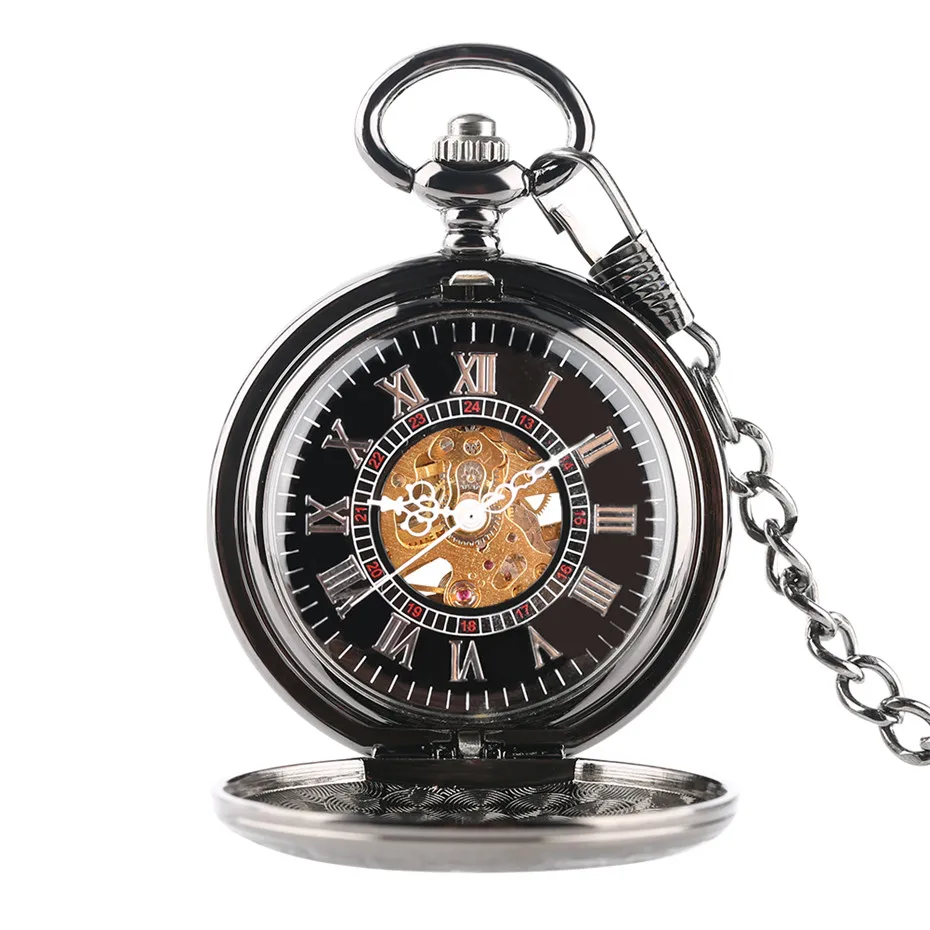 Retro Black Heart Shape Half Hunter Mechanical Pocket Watch Steampunk 30 cm Chain Pocket Pendant Clock Gift Men Women reloj