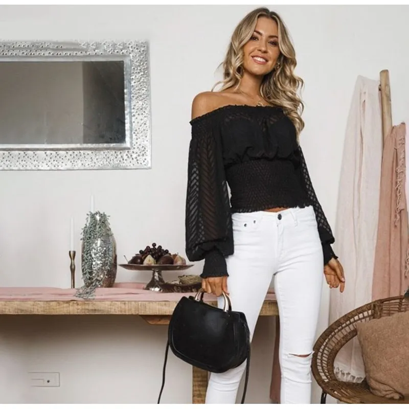 Women Summer Spring Off Shoulder Ruffle Blouse Ruffles Lantern Sleeve Solid Draped Tops Casual Long Sleeve Shirt