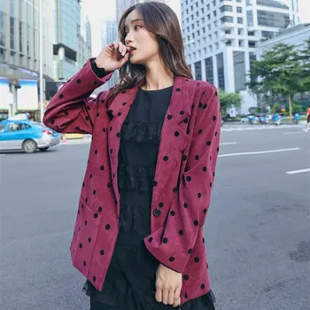 

New Arrival Women Polka Dot Suit Jackets Long Sleeve Pockets Office Outwear Autumn Single Button Work Blazers