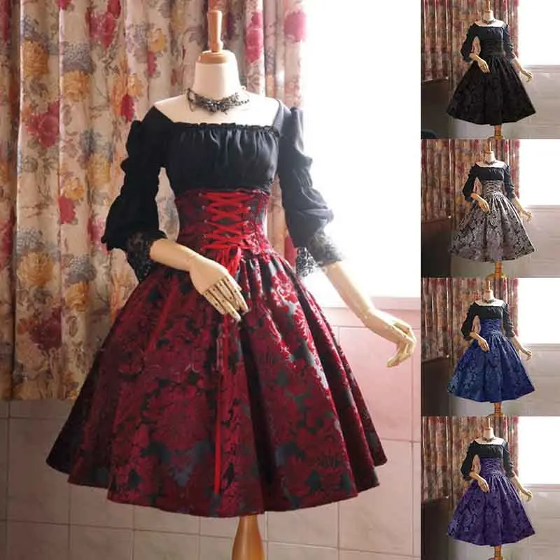 Comprar Vestidos de dos piezas falsos Lolita estampado de alta cintura de manga larga de encaje victoriano gótico negro rojo gris traje de mujer de talla grande 5XL