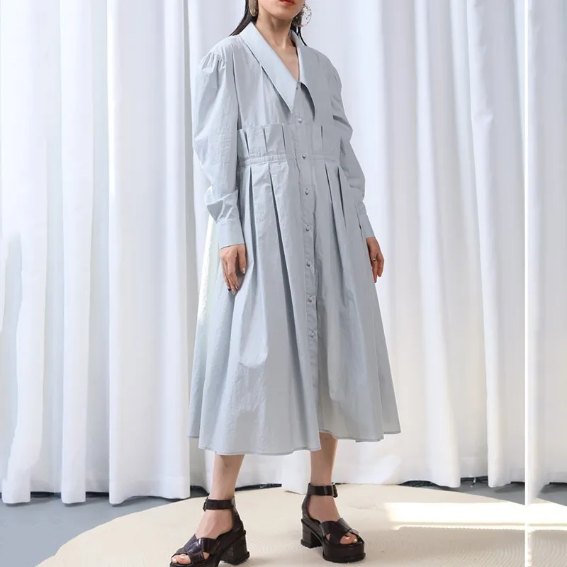 

[YaLee] New Fashion 2019 Summer Shirt Type Single Breasted Long Sleeve Lapel Splicng Rope Loose Pleated Dress Women U480