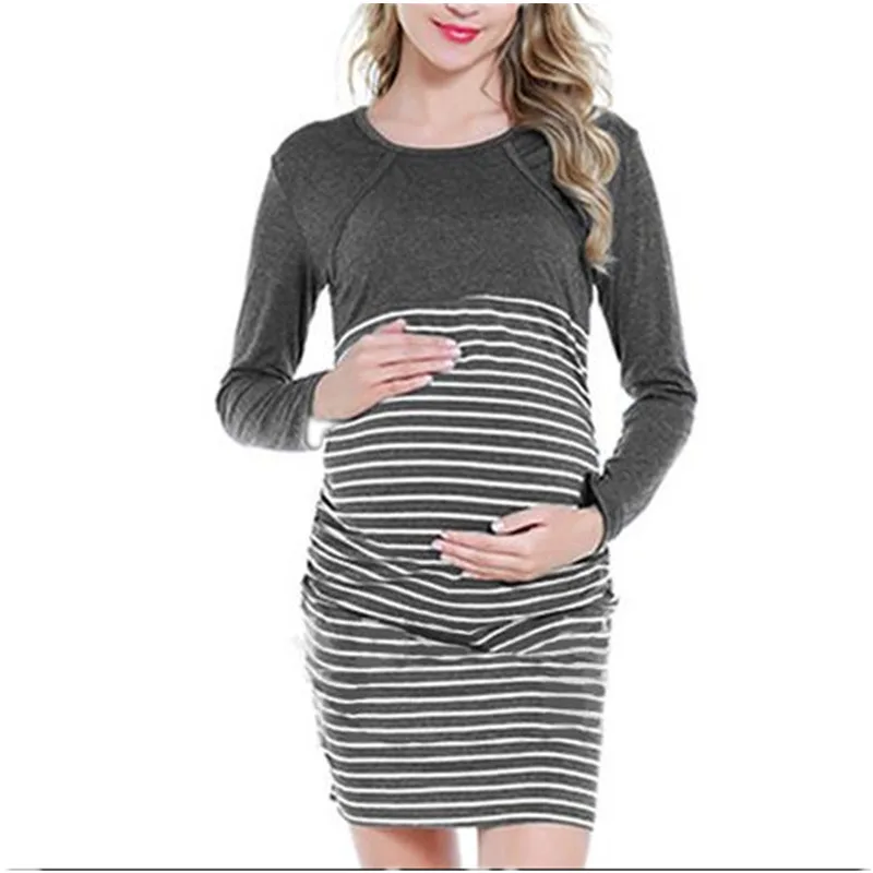 Maternity Wear Autumn And Winter New Multi functional Breastfeeding Striped Dress Pregnant Women