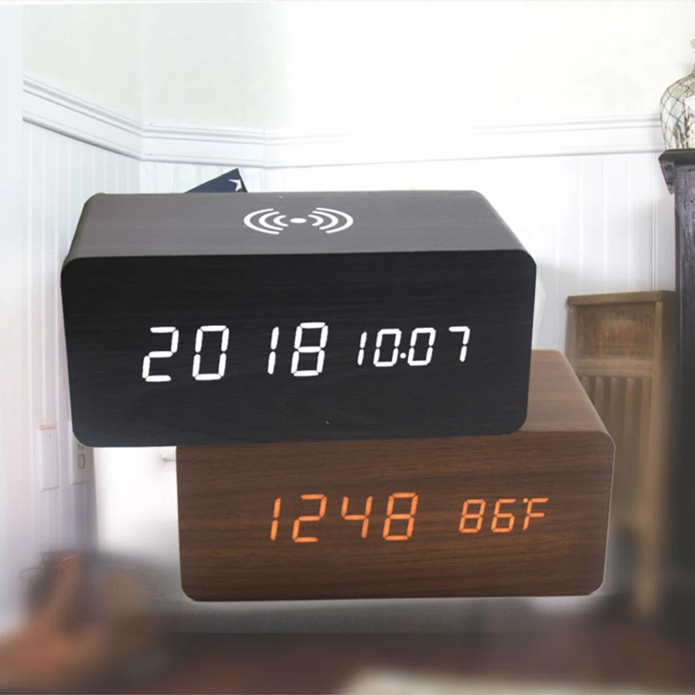 

Wooden Alarm Clock With Bluetooth Speaker Voice Control Led Digital Clock Wireless Charging Phone Wood Temperature Table Clocks