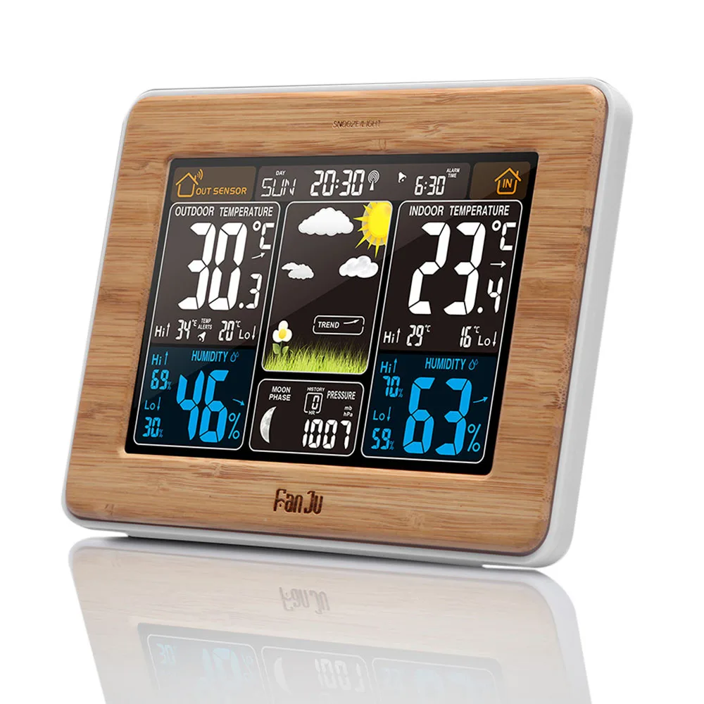 Goede FanJu FJ3365 EU US Plug Weerstation multifunctionele Digitale Klok Temperatuur Vochtigheid Maanfase Bureau Tafel LCD wekker