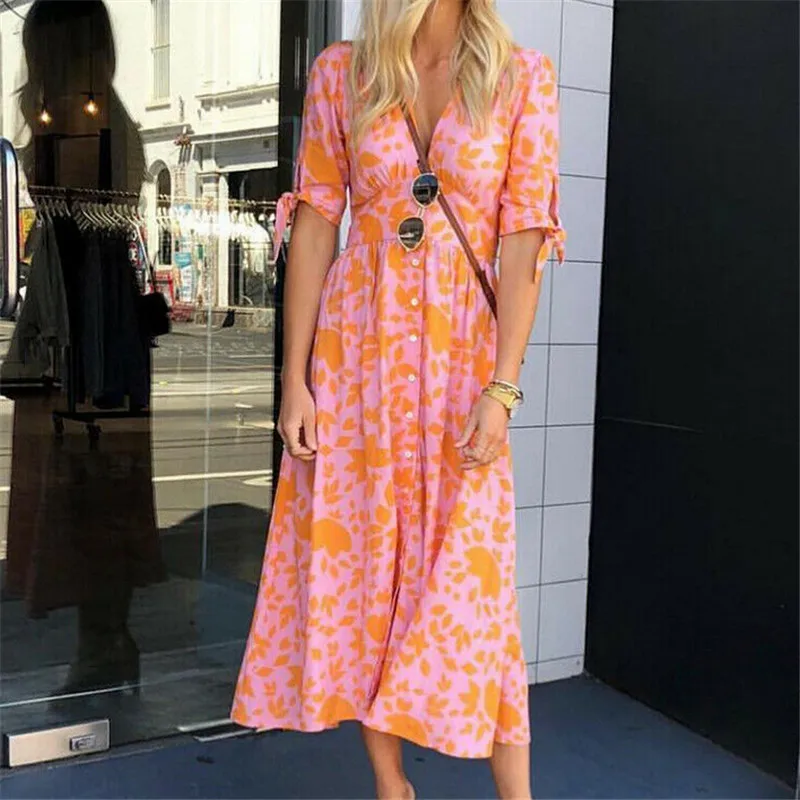 

Women's Summer Boho Dresses 2019 Sexy Floral Printed Summer Short Sleeve Dress Party Beach Short Mini Dresses Sundress Hot Sale