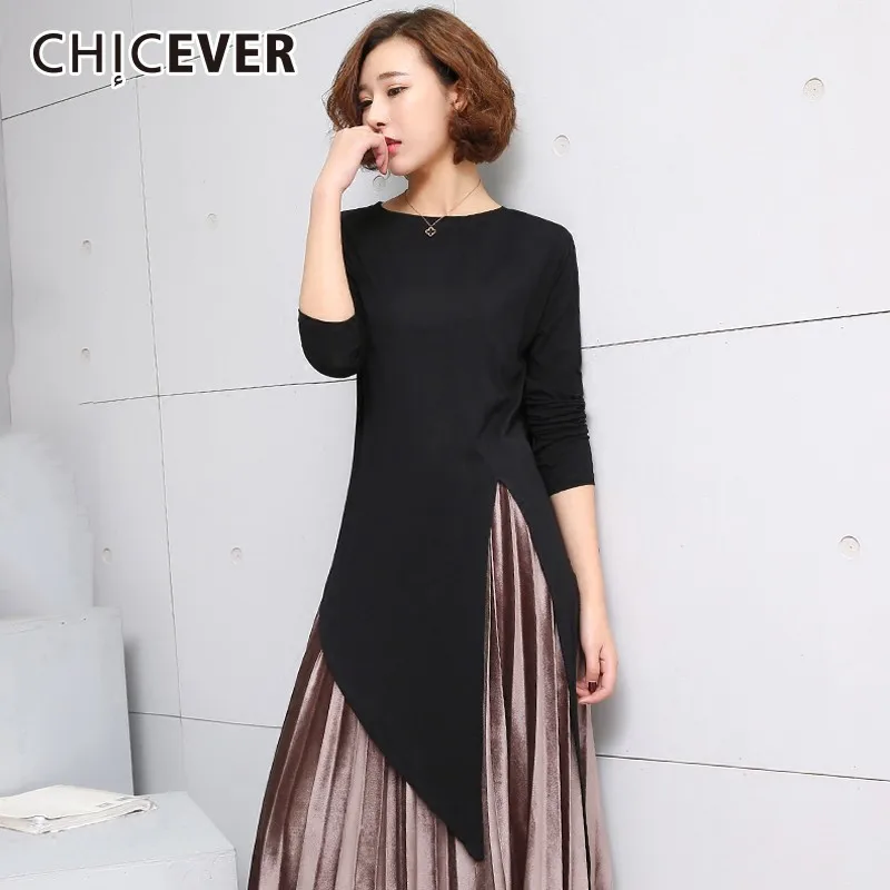 Женская Асимметричная футболка CHICEVER черная свободная с круглым вырезом и