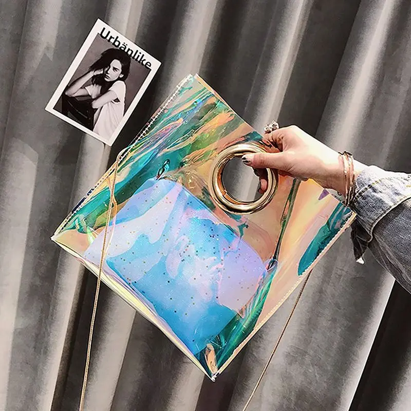 

Women Fashion Holographic-Laser-Transparent Ring Handbag Clutch Beach Bag Chain Shoulder Bag Crossbody Bag Casual Totes Messen