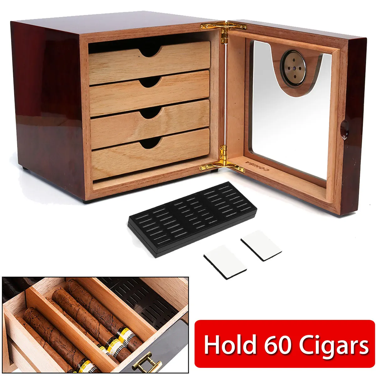 1 pcs Dark Red High Gloss Cigar Humidor Cabinet Humidor Box Cedar Wooden Cigars Case Box with Humidifier Hygrometer For Cigars