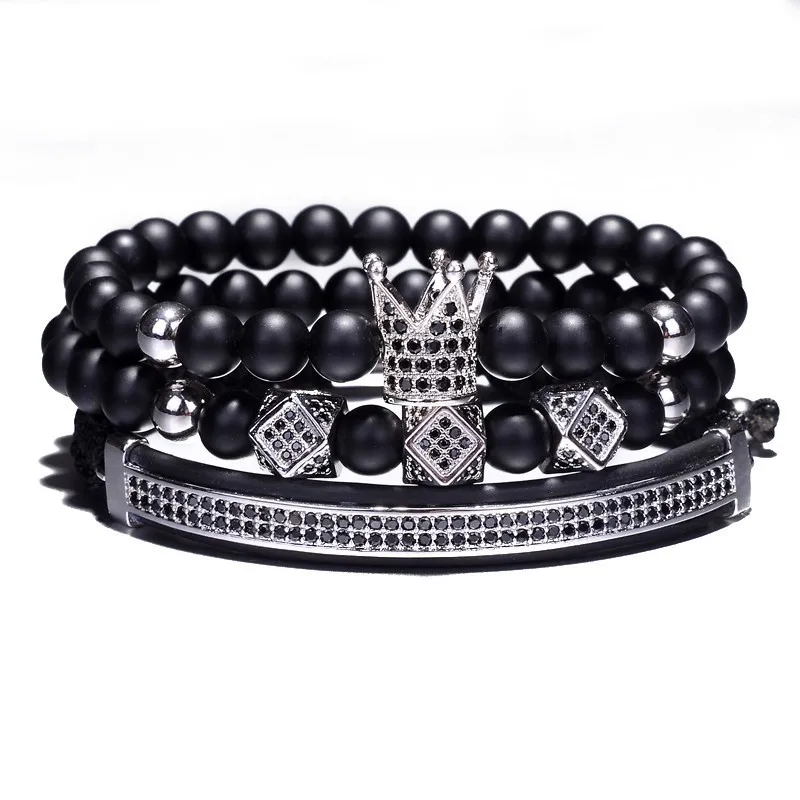 3pcs/Set Hip Hop Elastic Rope CZ Crown Bracelet Striped Black Natural Stone Beads Women Men Luxury Jewelry Pulseira Bileklik - Image 4