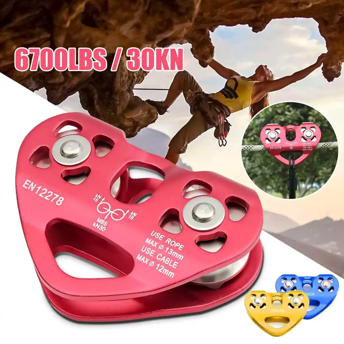 

Outdoor Rock Ice Climbing Equipment 30KN Workload 30KN Breaking Load Rescue Cable Trolley Aluminum Alloy Speed Pulley
