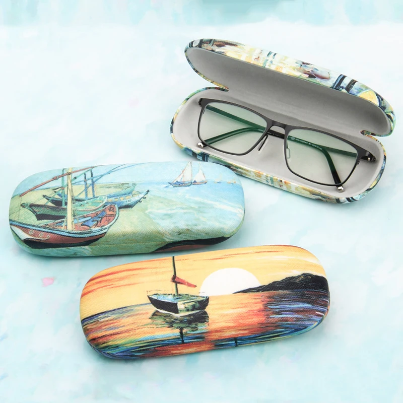 iboode Oil Painting Glasses Case Box Women Hard Leather Reading Glasses Case Men Retro Unisex Floral Print Eyewear Protector glasses case zipper eyewear box
