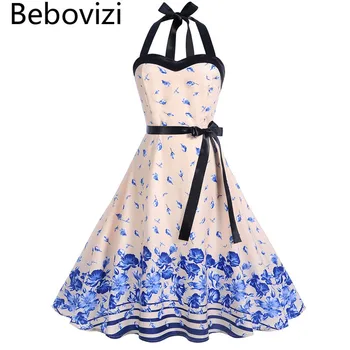 

New Style Halter Elegant Beach Party Dress Summer Backelss Sundress Retro Rockabilly Vintage Dresses for Women Plus Size Clothes