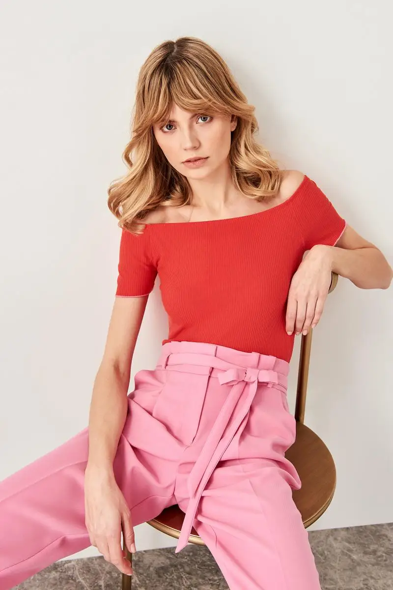 Trendyol Красная Трикотажная блузка в рубчик TWOSS19FV0088|Блузки| |