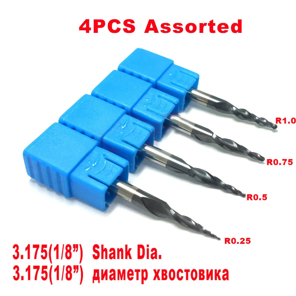 

4pcs/Set 0.25-1.0mm Carbide Tapered Ball Nose End Mill Milling Cutter 1/8" Shank