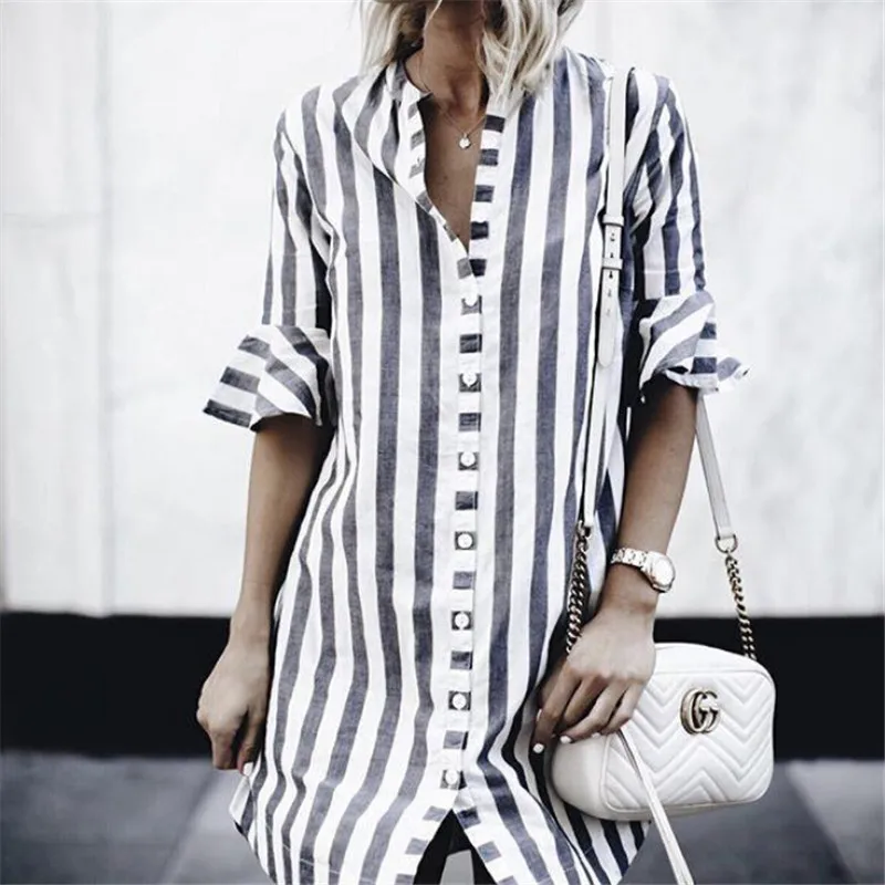 

arrival Women's Striped Casual Tops Shirt Stylish Ladies Big Size V-neck Long Blouse New Short Sleeve Summer Plus Size Shirt 2XL