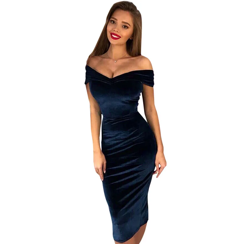 

Anself Women Sexy Winter Spring Dress Off the Shoulder Short Sleeve Ladies Party Dresses Slash Neck Velvet Club Bodycon Dress