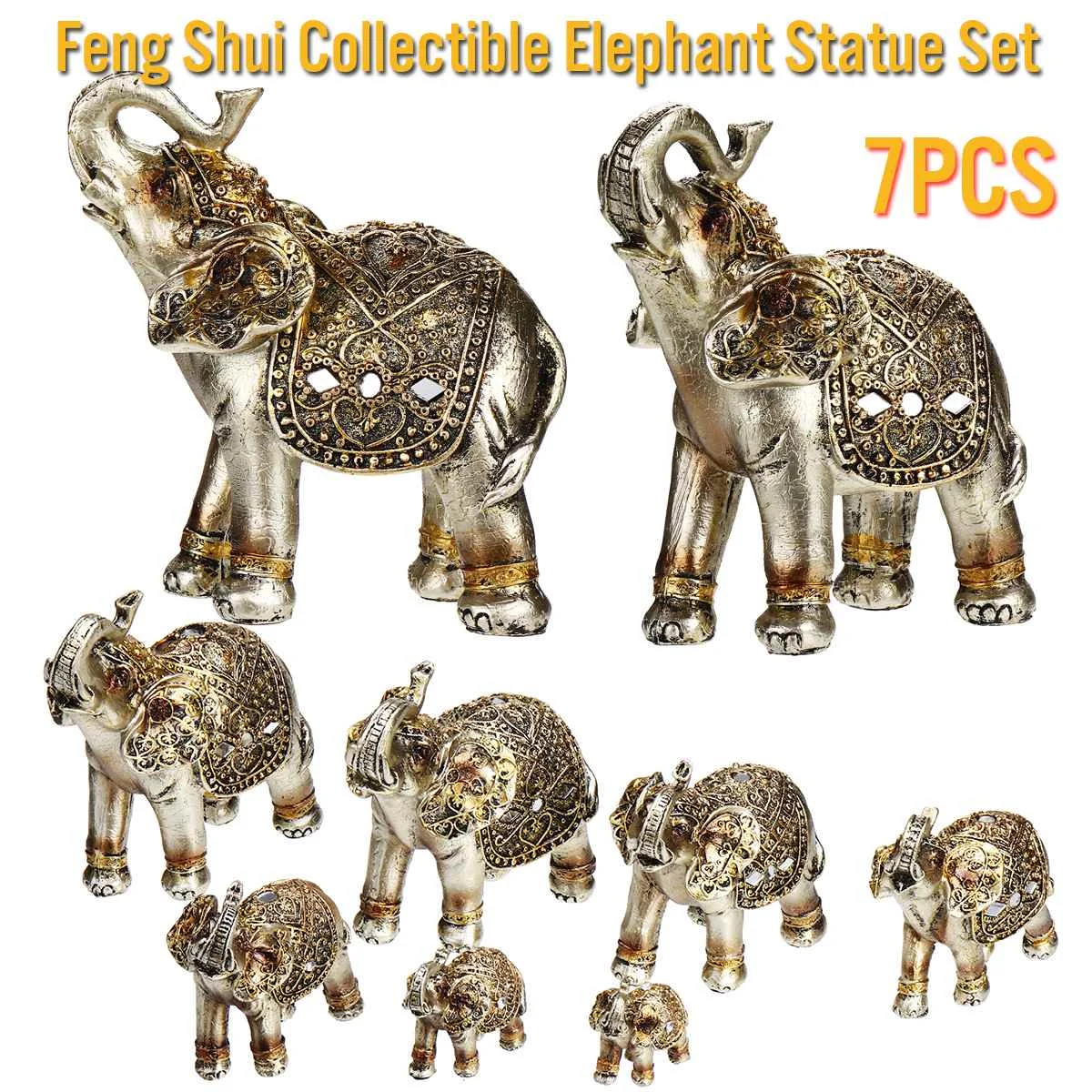 

7PCS Golden Elephant Figurines Resin Garden Figures Lucky Elephant Statues Sculpture Collectible Gifts Feng Shui Home Decor