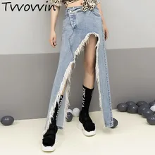 Джинсовая юбка с бахромой для женщин, высокая талия, разрезы, большой размер, Необычные Юбки, женская летняя сексуальная модная одежда E036