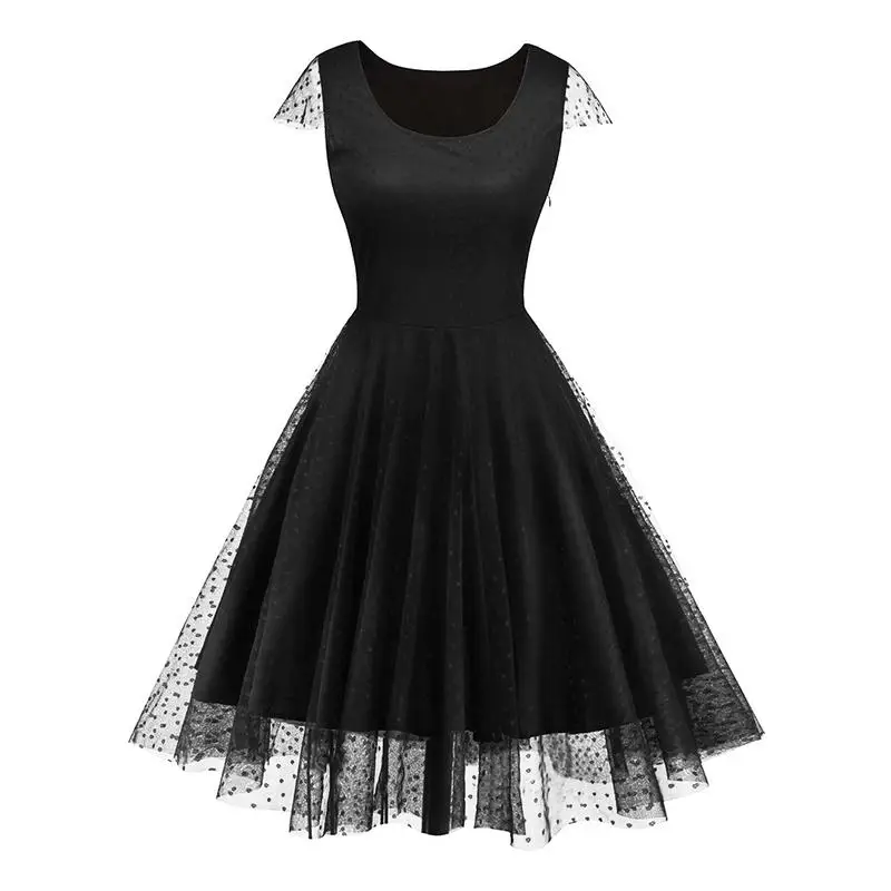 1950 S Хепберн точка сетки кружева Flare платье Модные без рукавов круглый вырез горловины Туника Черный Вечерние винтажное платье-миди высокое
