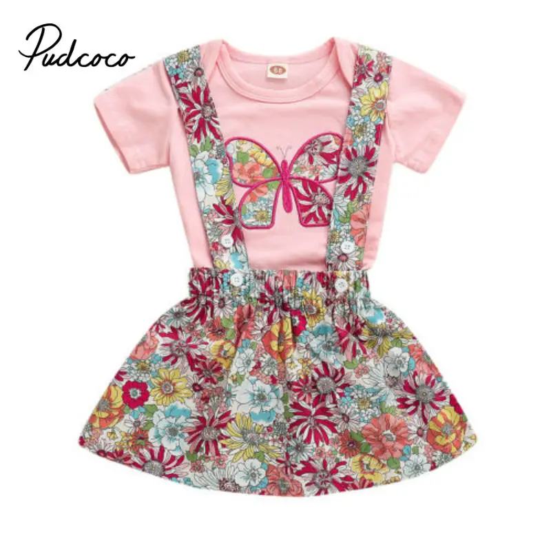 

Flower Butterfly 2PCS Set Princess Girls Short Sleeve Romper Tops Button Suspender Skirt Overall Kids Girl Clothing Set 2019 New