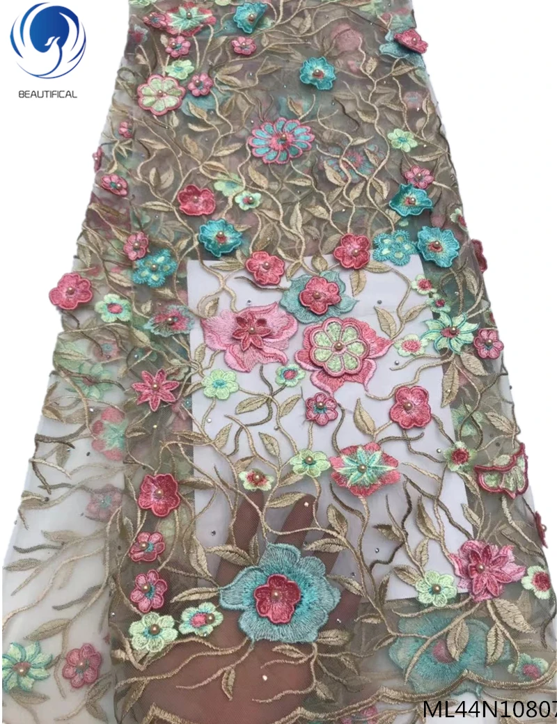 

BEAUTIFICAL 3d african lace appliqued french tulle fabric 3d lace fabric with beads embroidery african lace ML44N108