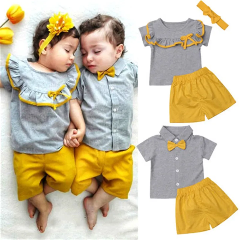 

2019 Family Cute Kids Baby Sister Brother Ruffles Bow Shirts Tops Shorts Pants Short Sleeve Girls Clothes 2PCS Outfits Sets 0-3T