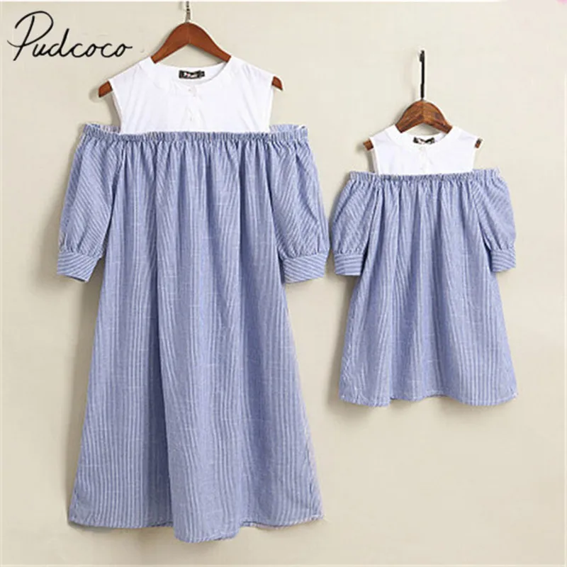 

2019 Brand New Mother Daughter Family Matching Summer Boho Dress Clod Off Shoulder Stripe Straight Knee-Length Beach Dresses