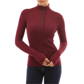 

Women's Long Sleeve Casual Knitted Sweater Jumper V Neck Button Slim Bodycon Knitwear Outwear Tops