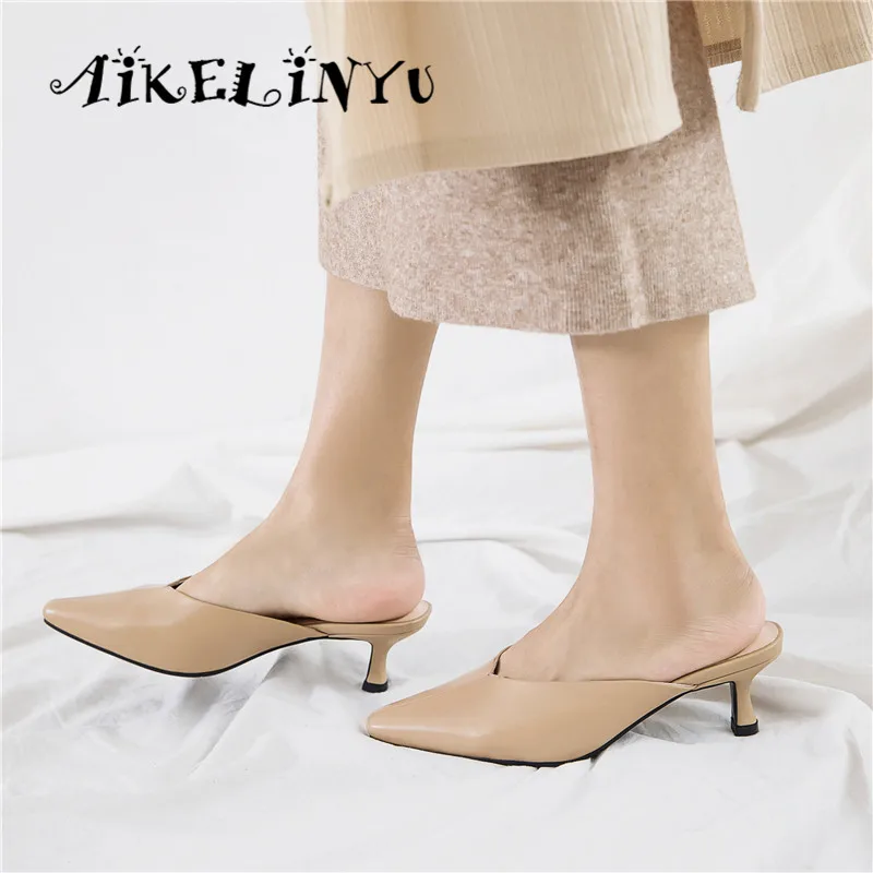 

AIKELINYU 2019 Women Cow Leather Mules Stiletto Heel Pointed Toe Slingback Concise Ladies Pumps Slippers Women Summer Size 34-40