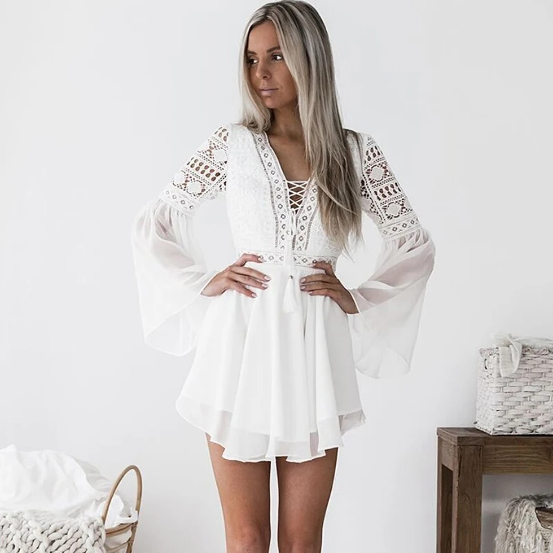 

Sexy Deep V-neck Hollow Out Mini Dress 2019 New Arrival White Lace Crochet Summer Dress Elegant Bandage Cross Casual Dress
