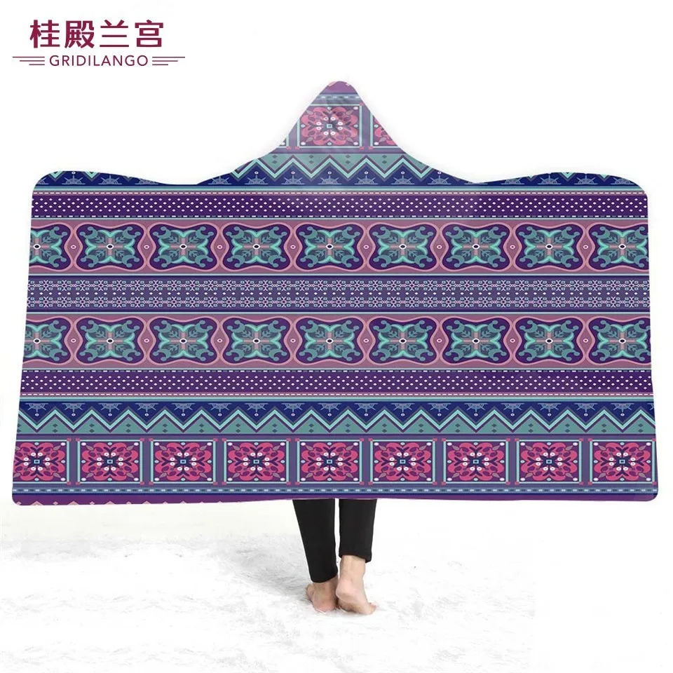 

GRIDILANGO Bohemia Geometric Stripes Pattern Hooded Throw Blanket Printing Home Office For Adults Kids Wearable Throw Blankets
