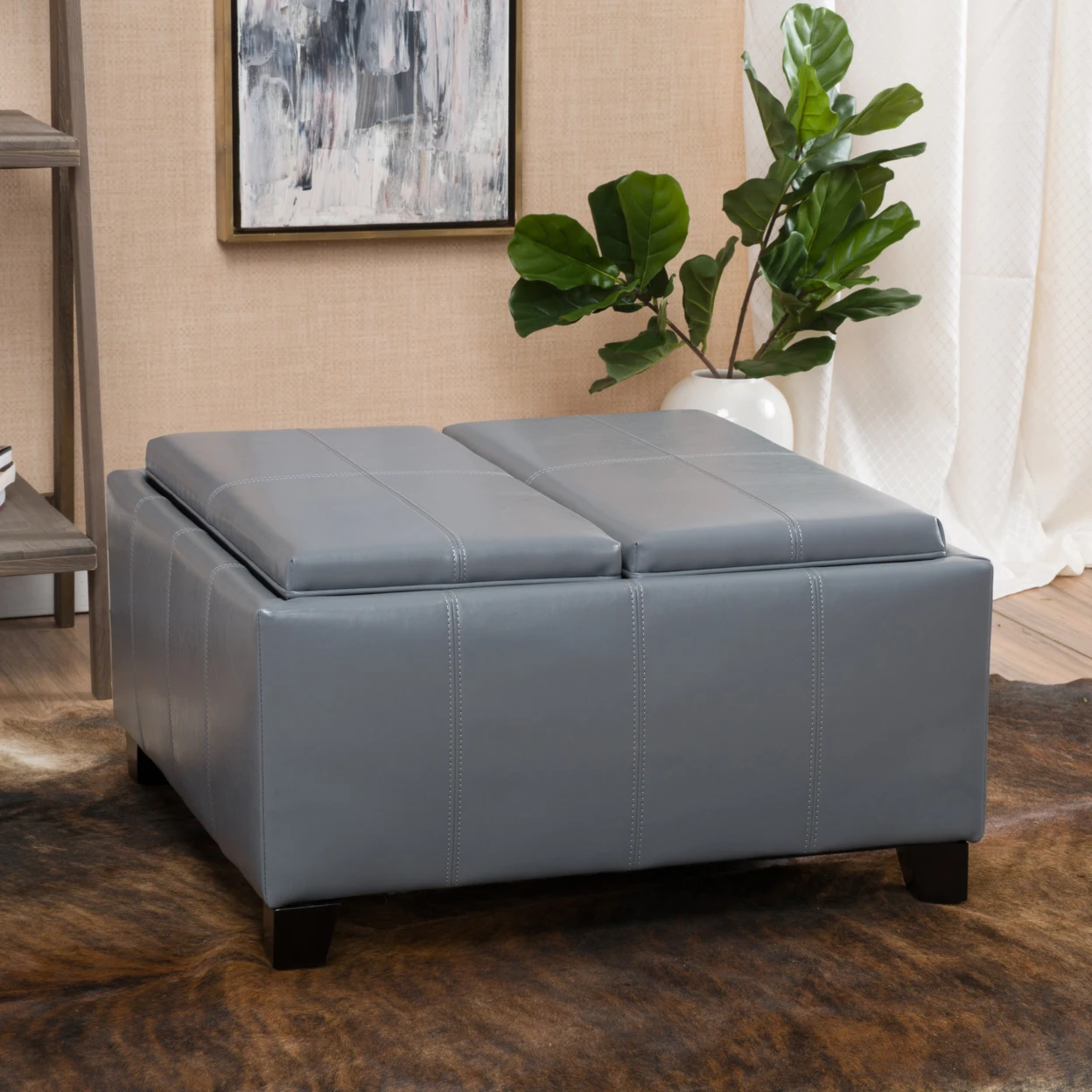 Justin 2 Tray Top Gray Leather Ottoman Coffee Table w ...