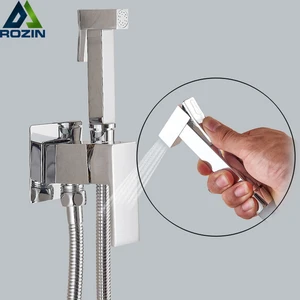 Латунь хром биде смеситель для душа нажмите шайба смеситель холодной и горячей мусульманских Ducha Higienica воды смесителя кран квадратный душевая головка распылитель - изображение