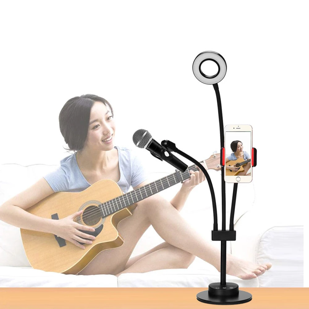 

Lazy Bracket Phone Stand with Microphone Holder Flexible Cellphone Clip with LED Lightbeads Selfie Ring Light for Live Stream