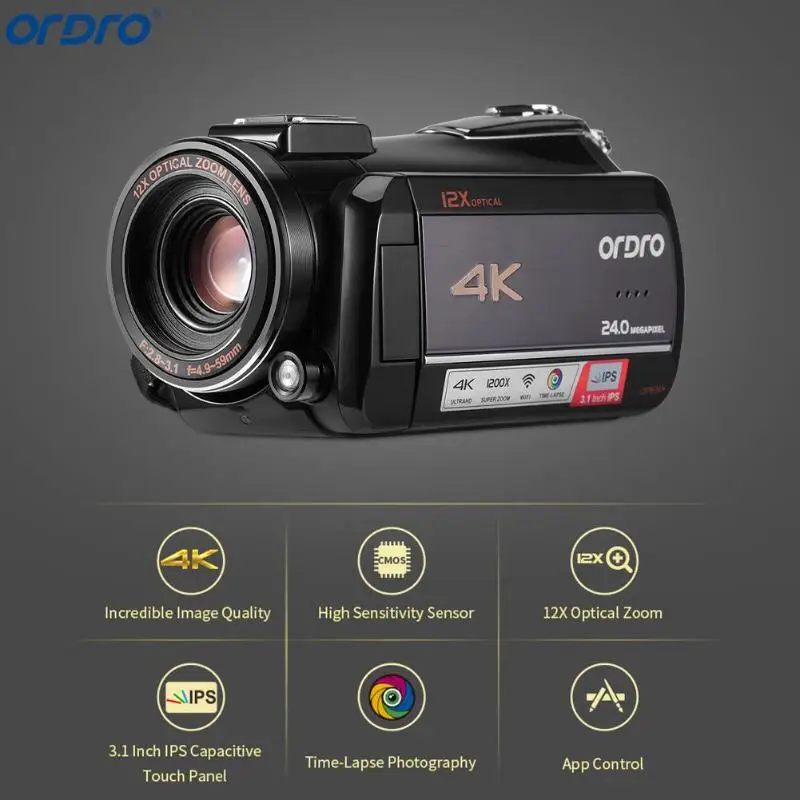 

Ordro AC5 4K UHD12X Digital Video Camera FHD 24MP WiFi Zoom Camcorders Touch screen digital camera Zoom AC5 4K UHD12X