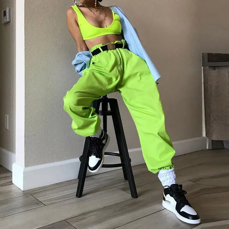 2019 повседневное хип хоп женские брюки-карго флуоресцентный зеленый Harajuku дамы свободные брюки однотонные весенние уличная Спортивные штаны