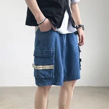 Летние мужские новые студенческие рабочие ковбойские карго шорты Tide свободные модные трендовые декоративные карманы голубая джинсовая ткань Шорты Short