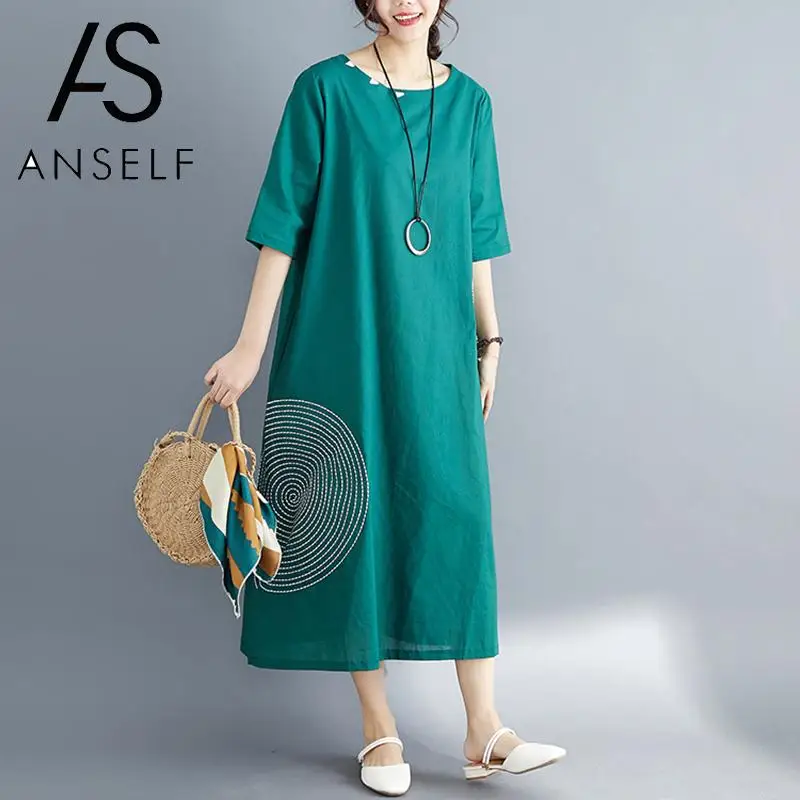 

Ethnic Summer Dress 2019 Women Vintage Dress Round Circle Embroidery Half Sleeve Pockets Baggy Dress Oversized One-Piece Robe