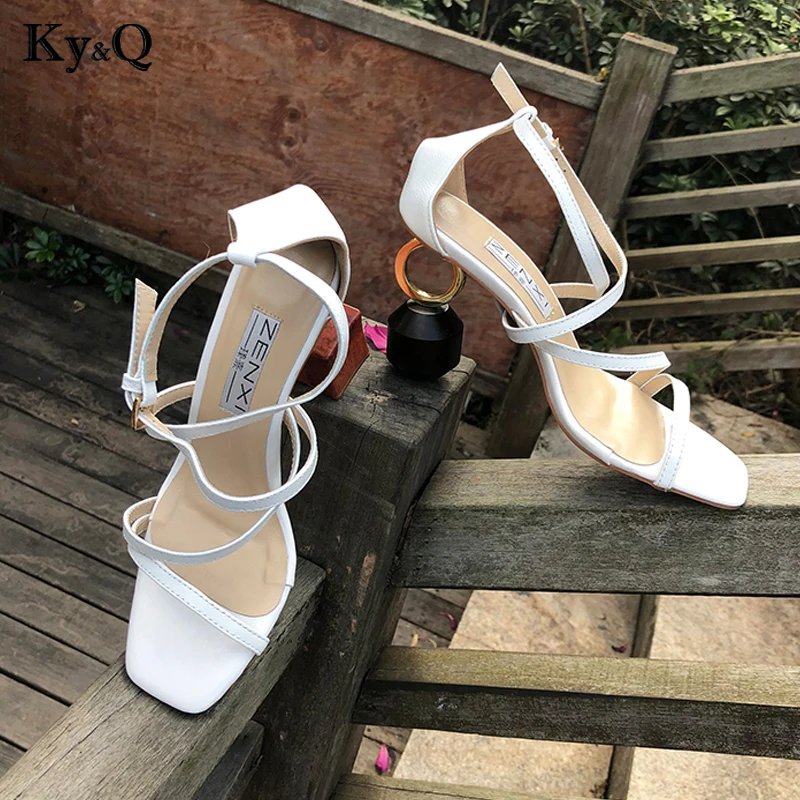 

2019 Summer New Women's Personality Leather Shallow Blocks Comfortable Buckle With Wild Wedding Shaped High-heeled Sandals 10cm
