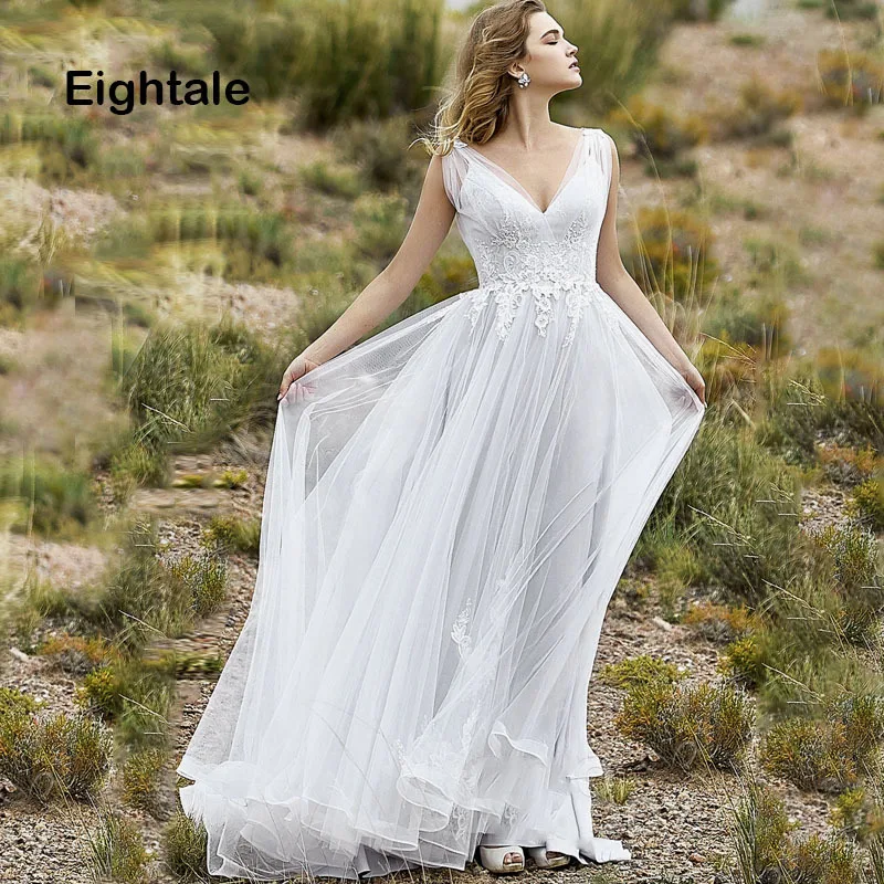

Eightale Boho Wedding Dresses Beach V Neck Open Back Tulle Bride Dress Long Simple Wedding Gowns Plus Size hochzeitskleid