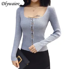 Crop Top Women Sweater High Elastic Low Round Neck 2019 Fall  Fashion Solid Lace Up Female Slim Sexy Bottoming Knitted Pullovers